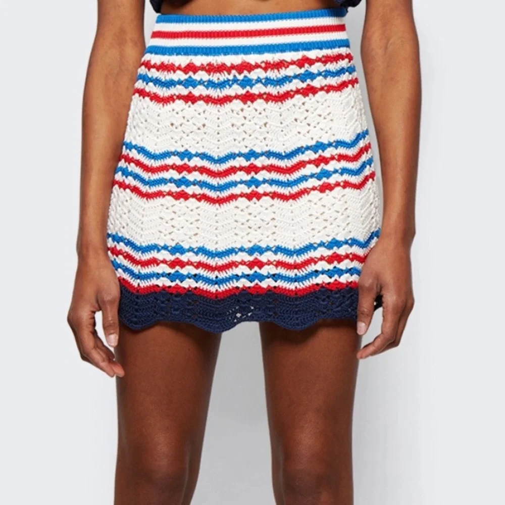 CASABLANCA CROCHET CHEVRON A-LINE SKIRT OFF-WHITE AND NAVY (Small) - Picture 2 of 8